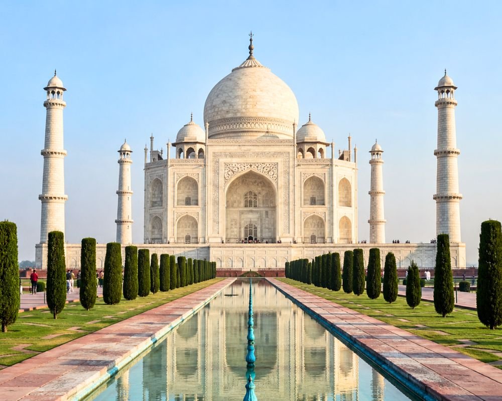 Visitors walking toward the Taj Mahal at midday